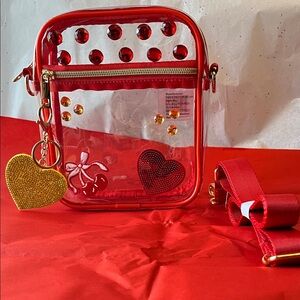 Red Clear Crossbody Bag with Heart Charm and Gold Accent